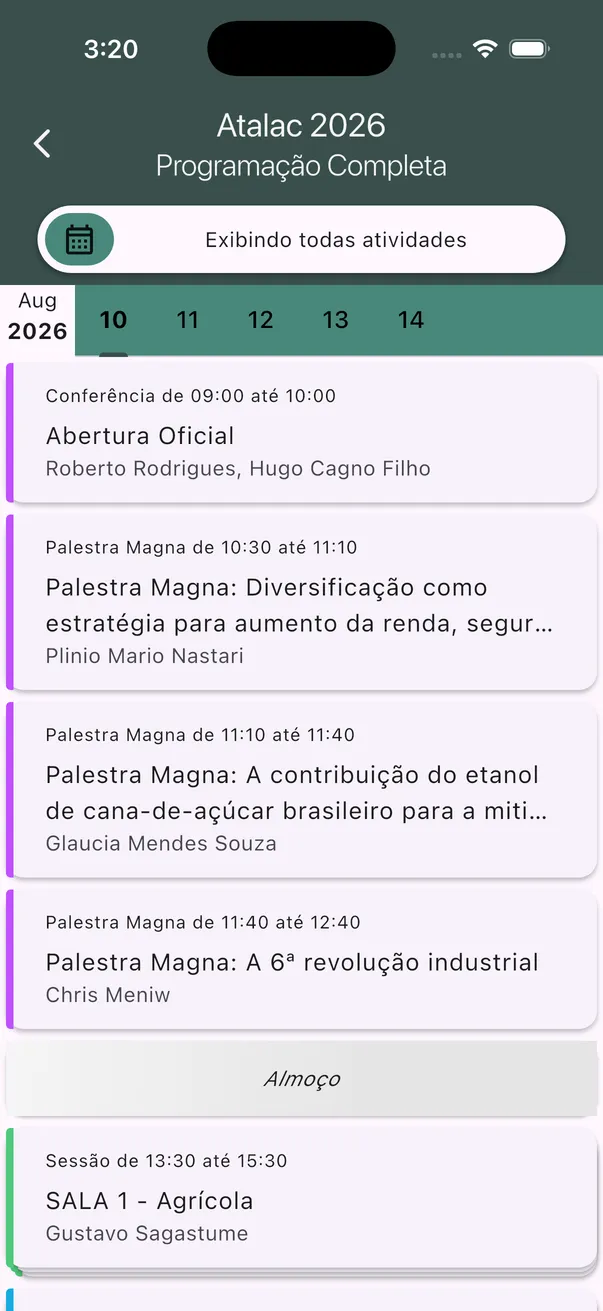 The ATALAC 2026 programme in the app, with dates, times and session titles.