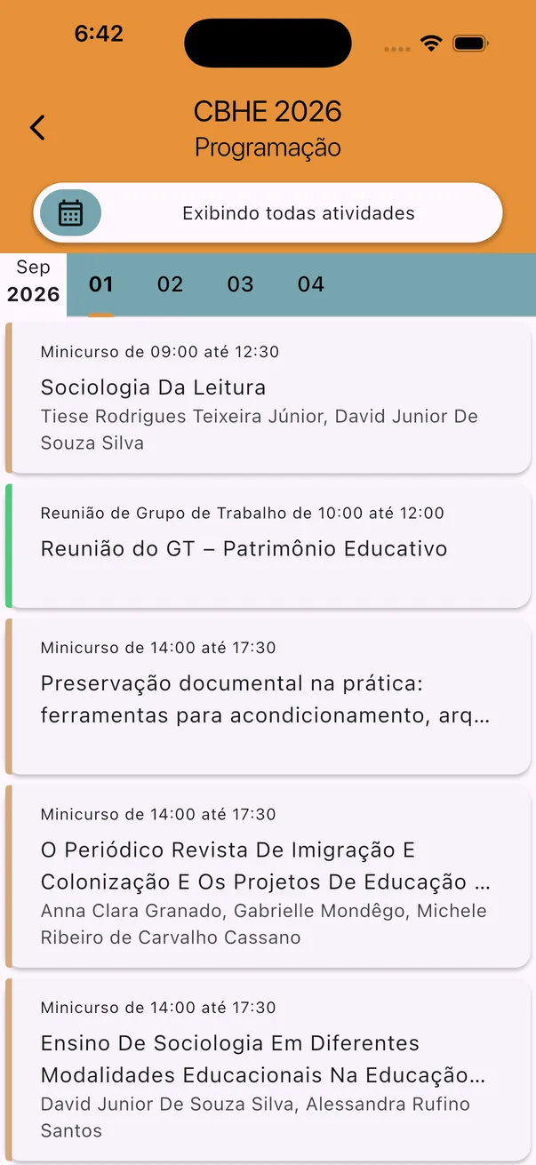 The CBHE 2026 programme in the app, with short courses and a working group meeting.