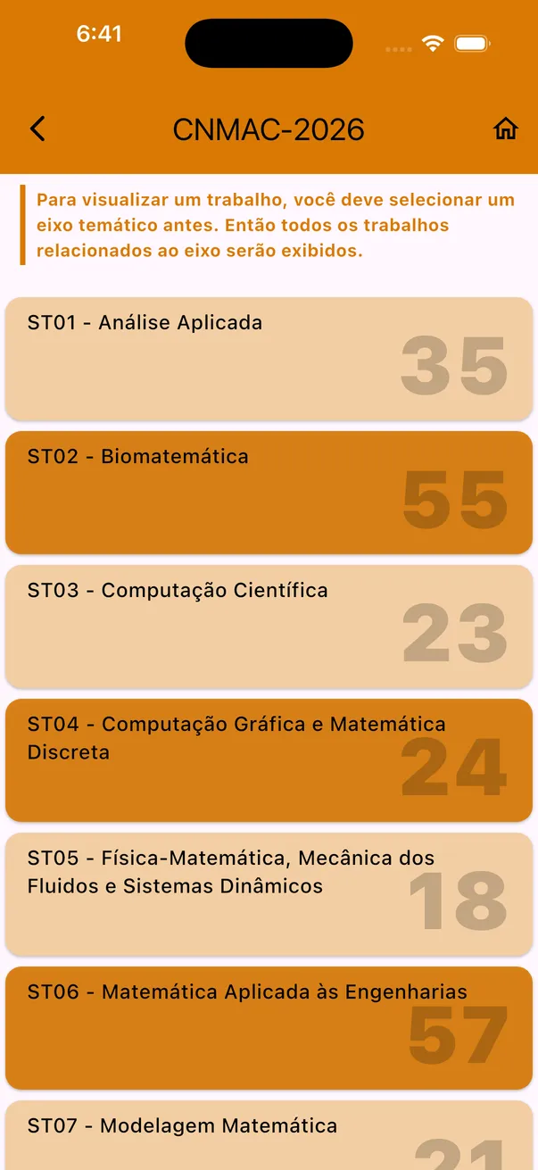 Thematic tracks of CNMAC 2026 in the app, with the number of papers in each track.