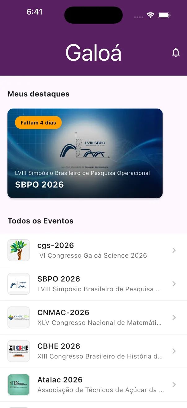 Home screen of the Galoá app, with SBPO 2026 highlighted and the list of events: Congresso Galoá Science, SBPO, CNMAC, CBHE and ATALAC.