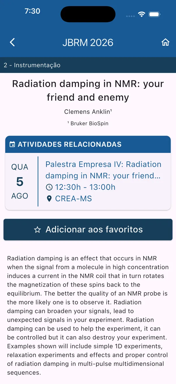 A JBRM 2026 paper in the app: title, author, institution, the related programme session (Wednesday, 5 August, 12:30, CREA-MS), the Add to favourites button and the abstract.