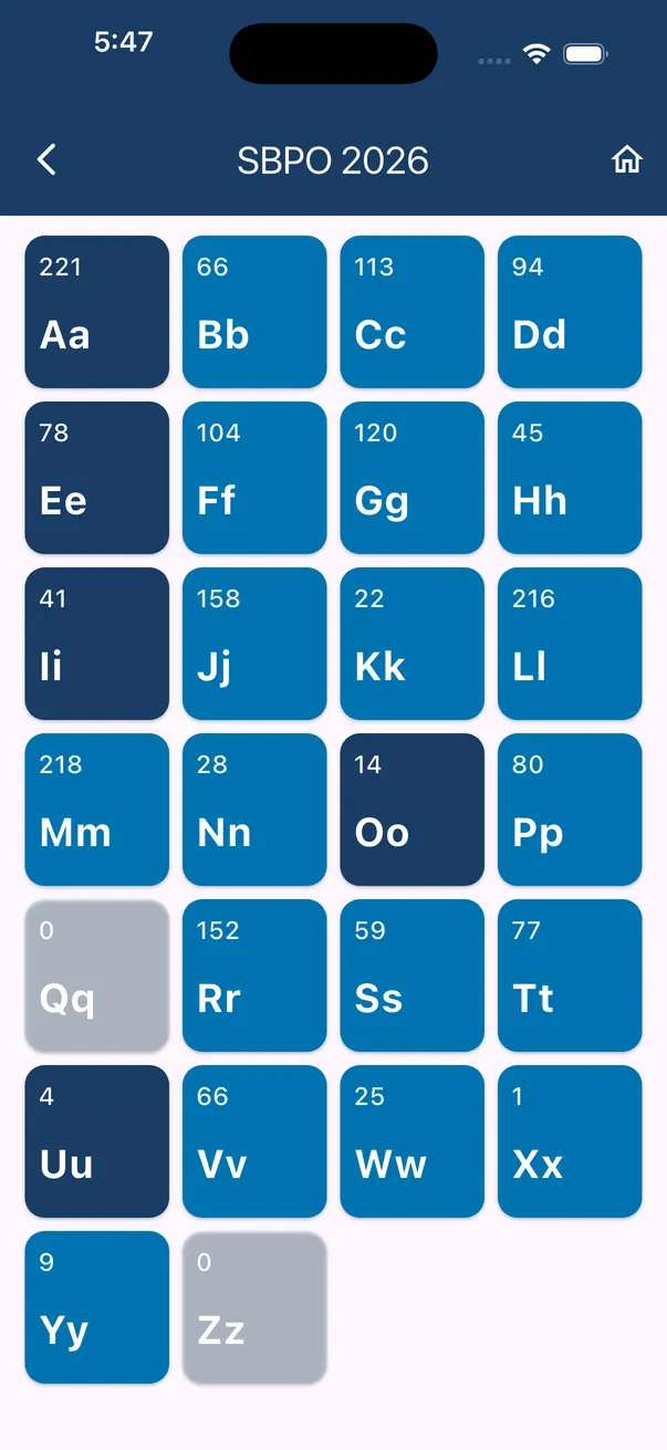 The SBPO 2026 author index in the app, by initial of the surname.