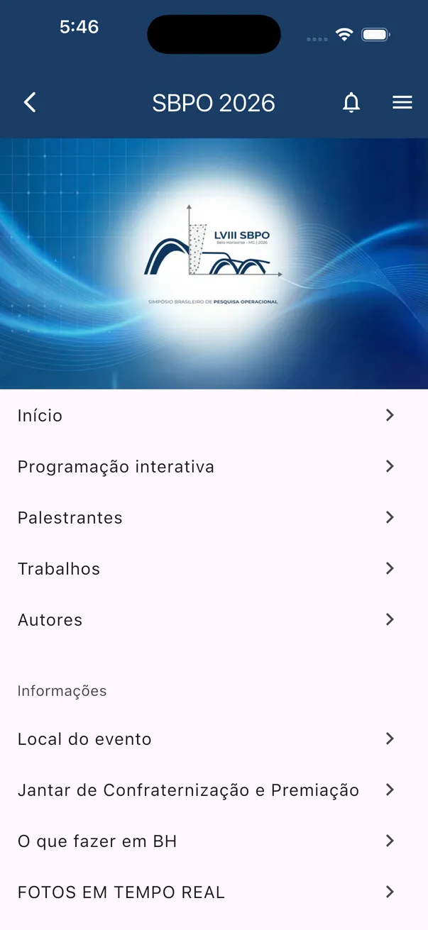 The SBPO 2026 menu in the app: interactive programme, speakers, papers, authors, venue, conference dinner and awards, things to do in Belo Horizonte and live photos.