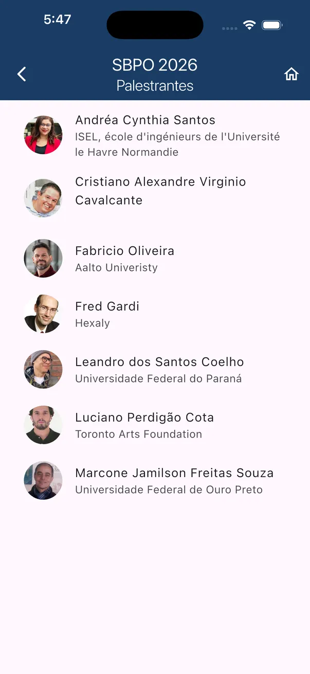The list of SBPO 2026 speakers in the app, with photo and institution.
